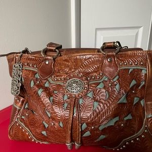American West Lady Lace Mocha hand tooled handbag with Turquoise accents